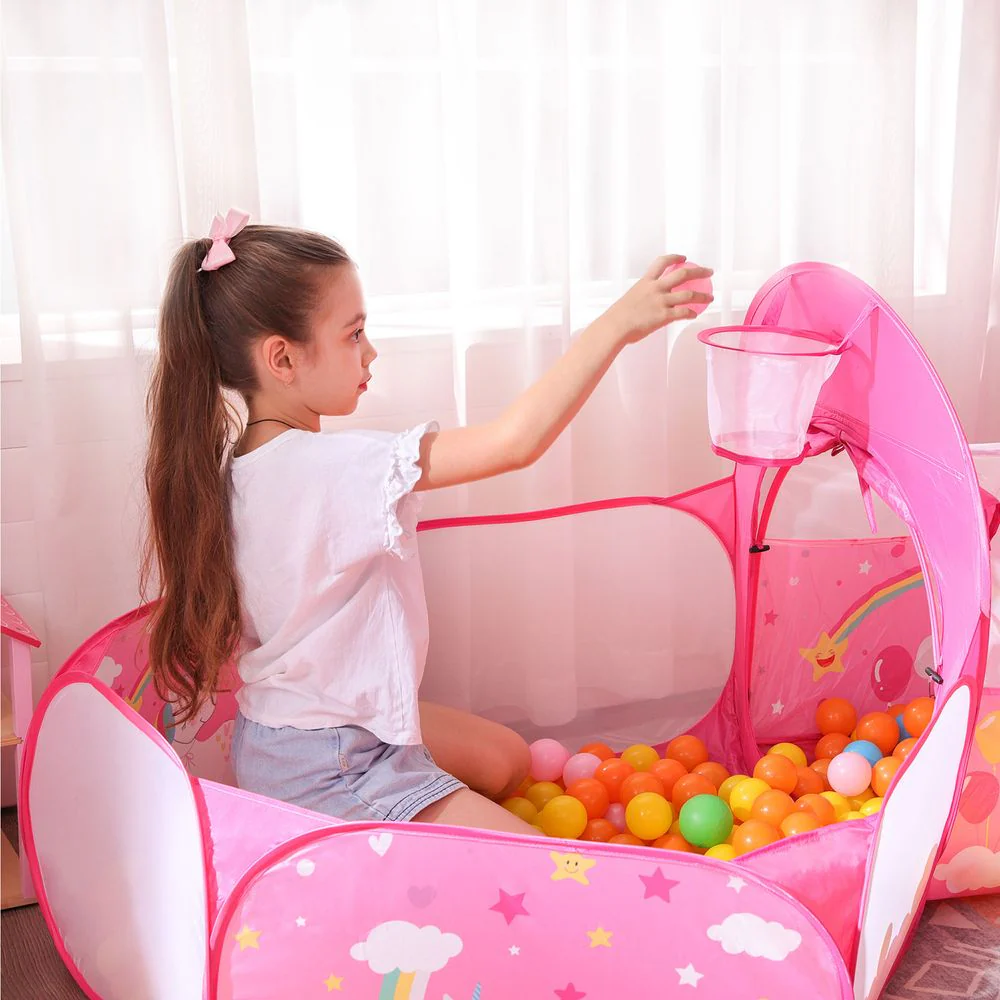3-in-1 Speeltent Voor Kinderen – Met Tunnel En Ballenbak – Prinsessenkasteel Met Basketbalring – Opvouwbaar En Inclusief Draagtas - Image 5