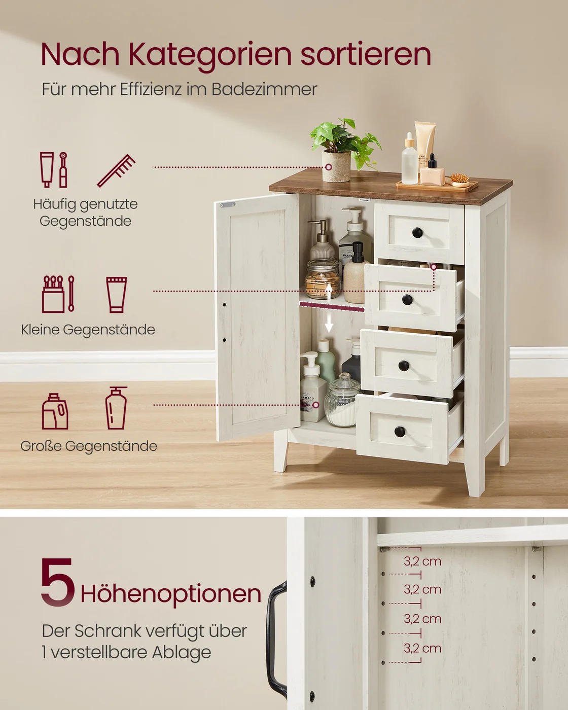 Keukenkast – Opbergkast met lades – Verstelbare planken – Landelijke stijl – 30 x 60 x 80 cm - Image 2
