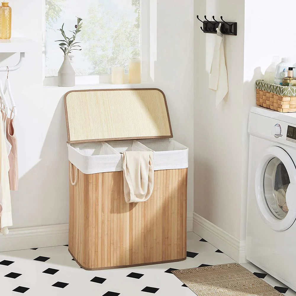 Bamboe Wasmand met Deksel en 3 Vakken - 150 Liter - Image 5