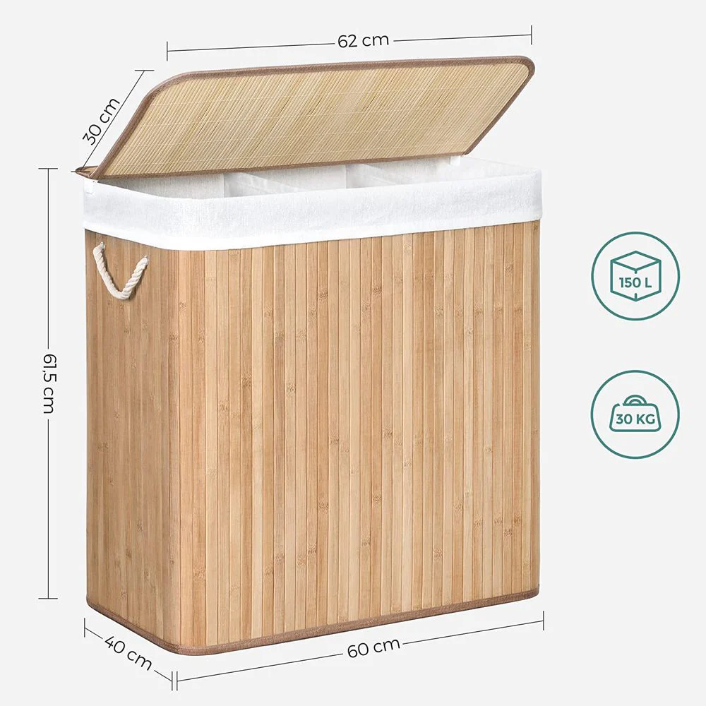 Bamboe Wasmand met Deksel en 3 Vakken - 150 Liter - Image 8