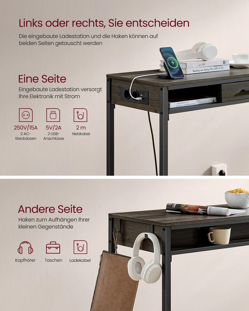 Bartafel met Schuiflade en USB-Aansluitingen - Bijzettafel met Stopcontact - Haltafel - Image 4