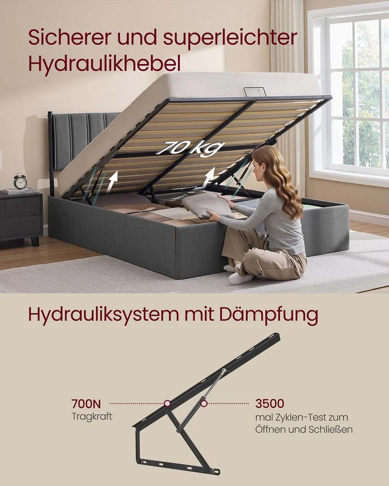 Bedframe met Opbergruimte – Donkergrijs – Met Comfortabel Hoofdbord en Hydraulisch Systeem - Image 9