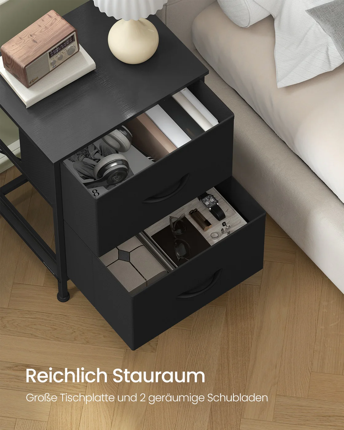 Bedkast – Commode met 4 stoffen lades – MDF en staal – 30 x 39,6 x 52,2 cm - Image 2