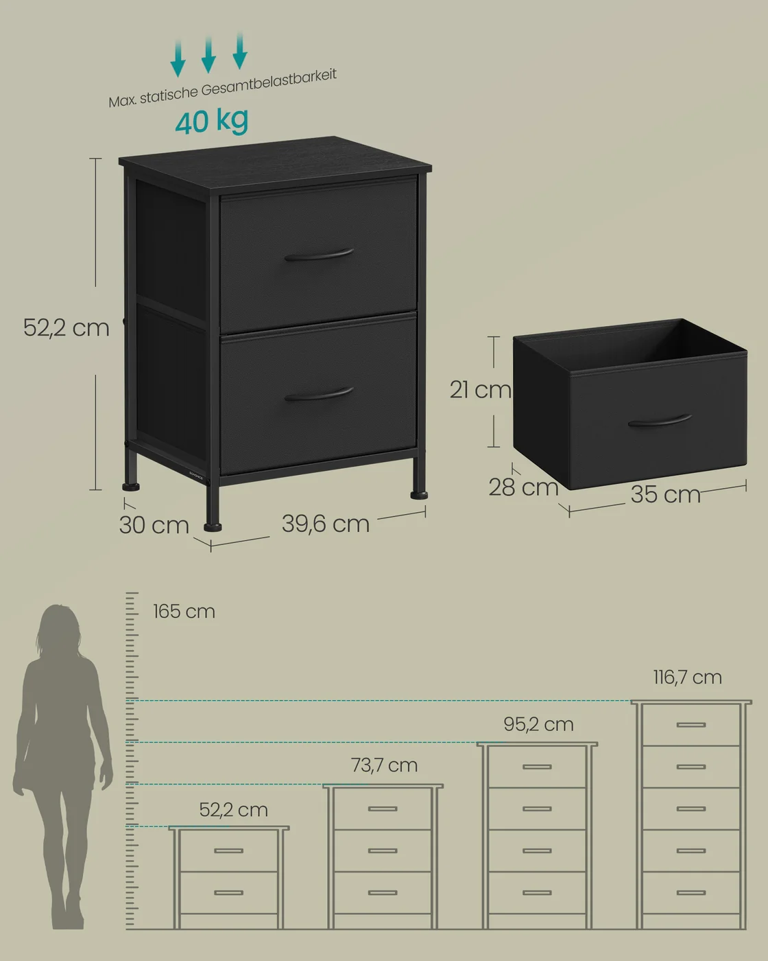 Bedkast – Commode met 4 stoffen lades – MDF en staal – 30 x 39,6 x 52,2 cm - Image 4