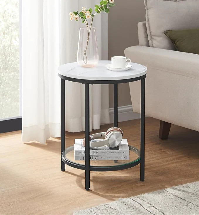 Bijzettafel Marmerlook - Nachtkastje met 2 niveaus - Gehard glas - Woonkamer - Slaapkamer - Image 4