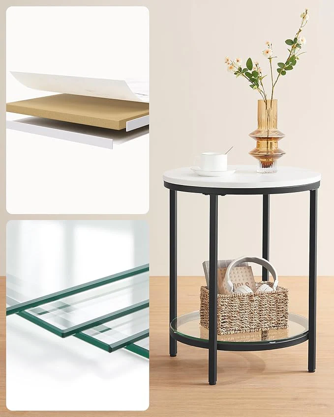 Bijzettafel Marmerlook - Nachtkastje met 2 niveaus - Gehard glas - Woonkamer - Slaapkamer - Image 5