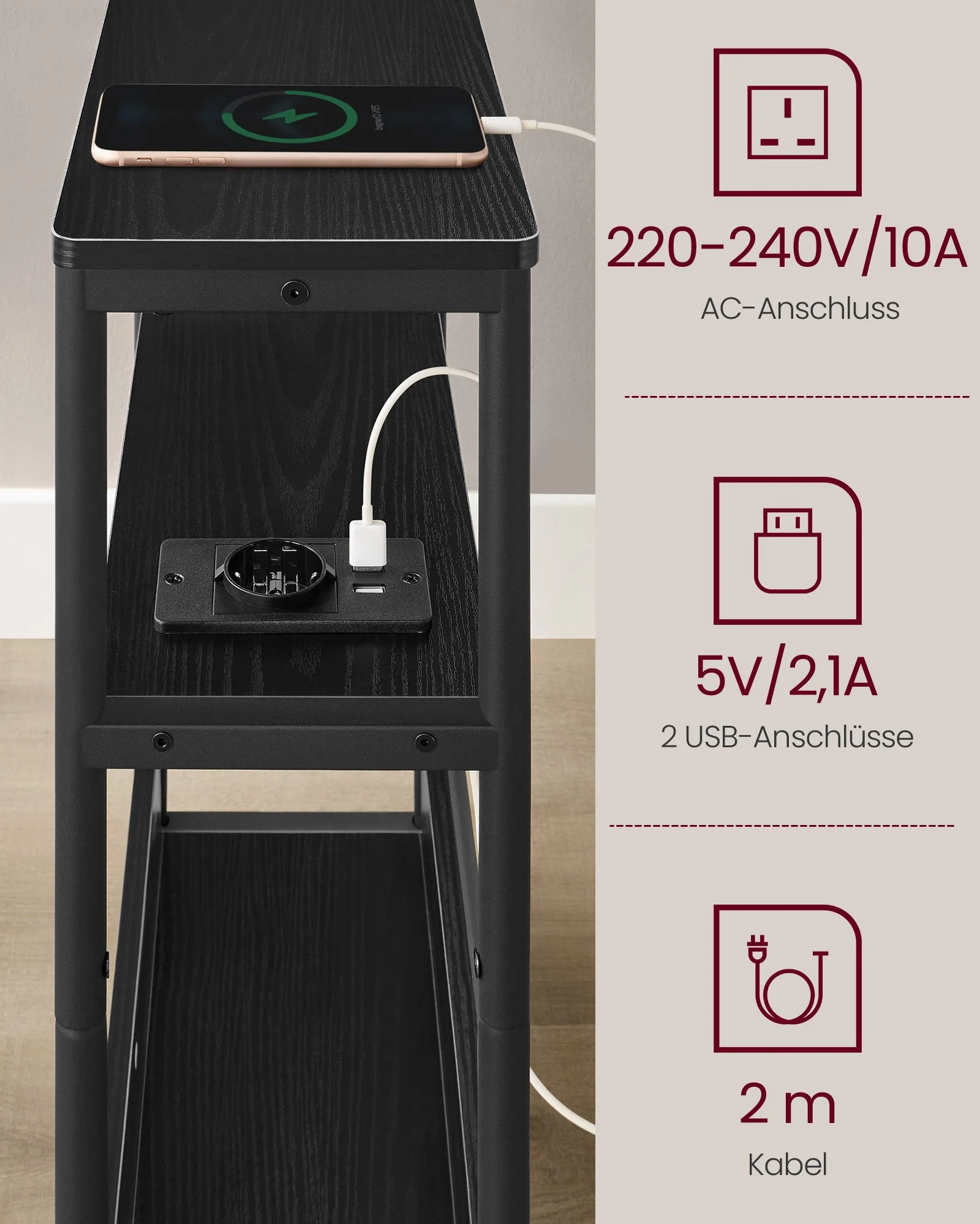 Bijzettafel – Smal – 3 Planken – Oplaadfunctie - Image 3