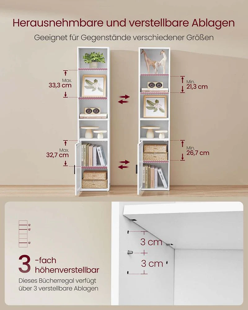 Boekenkast met Kast en Open Compartimenten – Smalle Opbergkast – Verstelbare Planken – MDF & Spaanplaat - Image 5