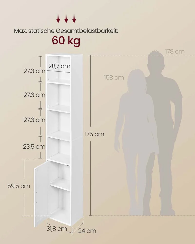 Boekenkast met Kast en Open Compartimenten – Smalle Opbergkast – Verstelbare Planken – MDF & Spaanplaat - Image 8