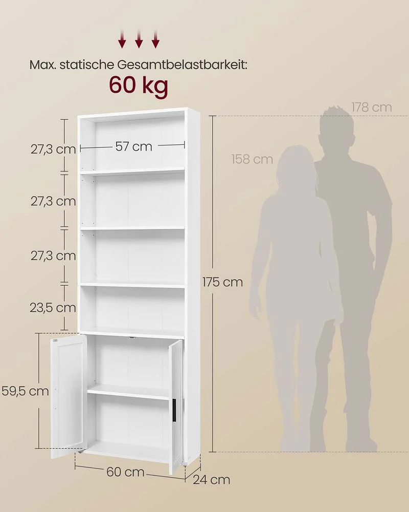 Boekenkast met Kast en Open Compartimenten – Smalle Opbergkast – Verstelbare Planken – MDF & Spaanplaat - Image 9