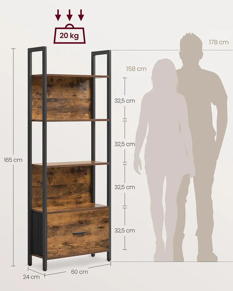 Boekenkast met Lade – Ladderplank Industrieel – Opbergkast met 5 Niveaus – 165 cm Hoog - Image 6