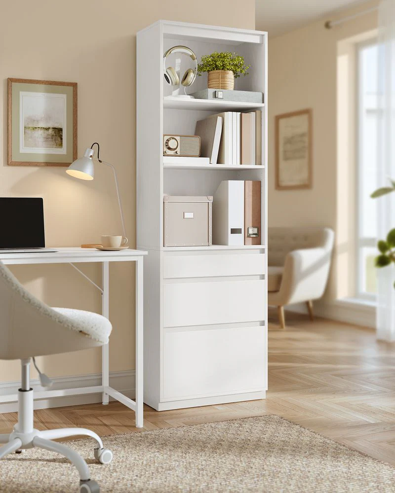 Boekenkast met Lades en Verstelbare Planken – 180 cm Hoog – Multifunctionele Opbergkast – Wit – Spaanplaat - Image 6