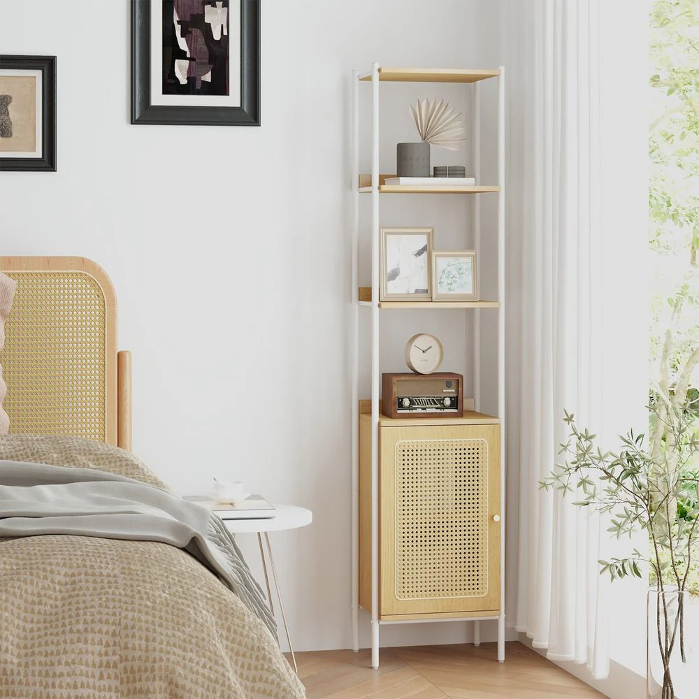 BOHO Boekenkast met Rotan Deur – Smal Staand Open Kastmeubel – 174 cm Hoog – Zwart Metaal en Hout – Tot 60 kg Draagvermogen - Image 5