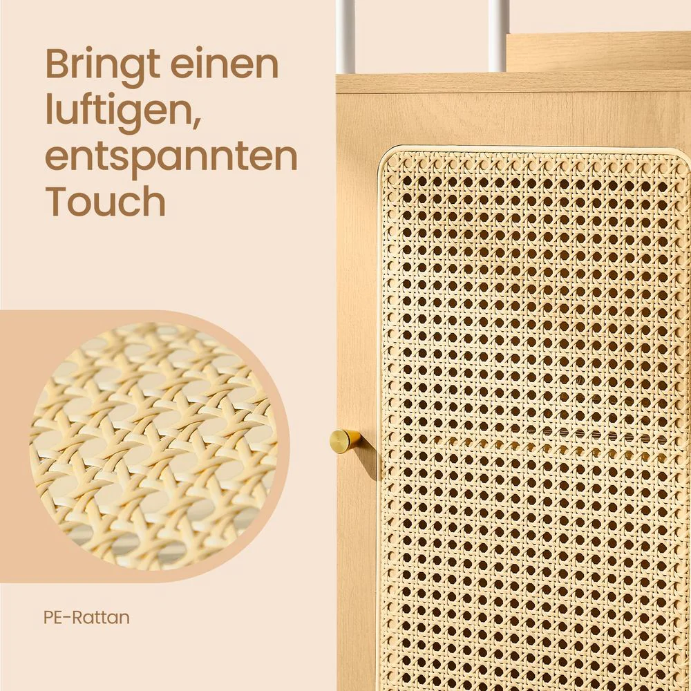BOHO Boekenkast met Rotan Deur – Smal Staand Open Kastmeubel – 174 cm Hoog – Zwart Metaal en Hout – Tot 60 kg Draagvermogen - Image 6
