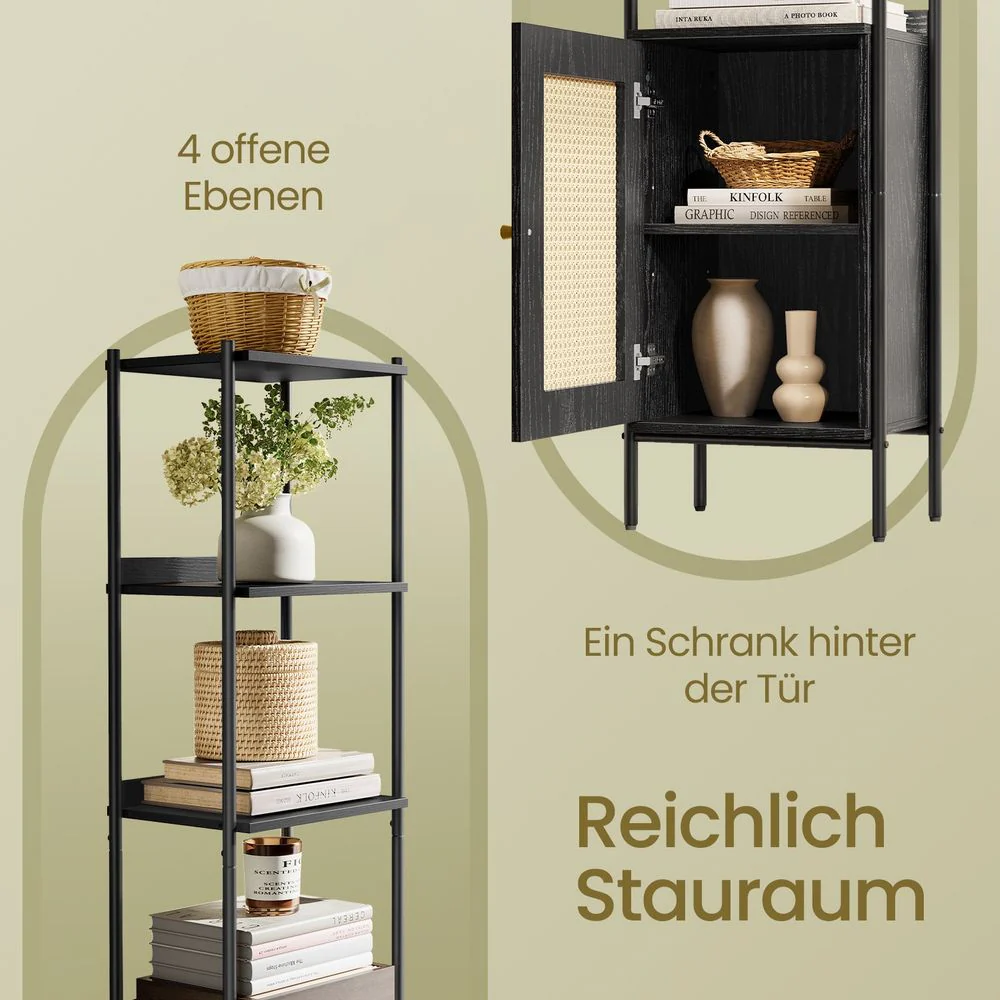 BOHO Boekenkast met Rotan Deur – Smal Staand Open Kastmeubel – 174 cm Hoog – Zwart Metaal en Hout – Tot 60 kg Draagvermogen - Image 7