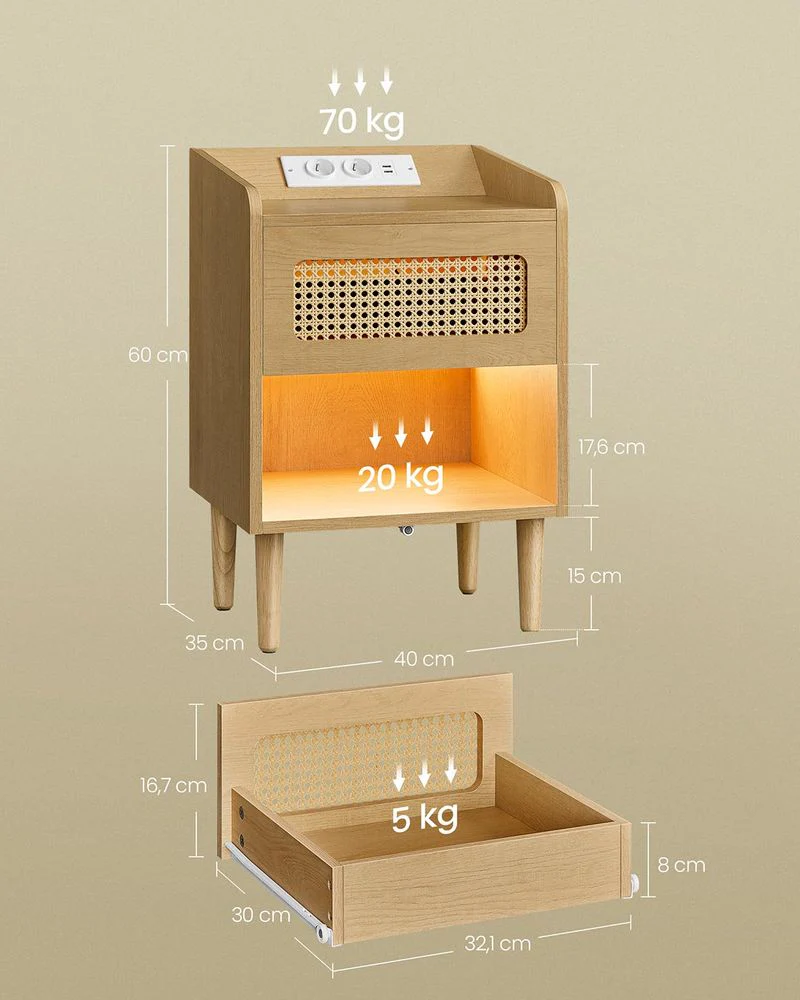 BOHO Nachtkastje met Lade en Open Vak – Massief Houten Poten – Ingebouwd Laadstation & Bewegingssensor Verlichting - Image 10