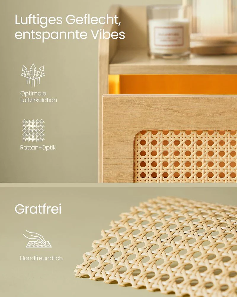 BOHO Nachtkastje met Lade en Open Vak – Massief Houten Poten – Ingebouwd Laadstation & Bewegingssensor Verlichting - Image 5