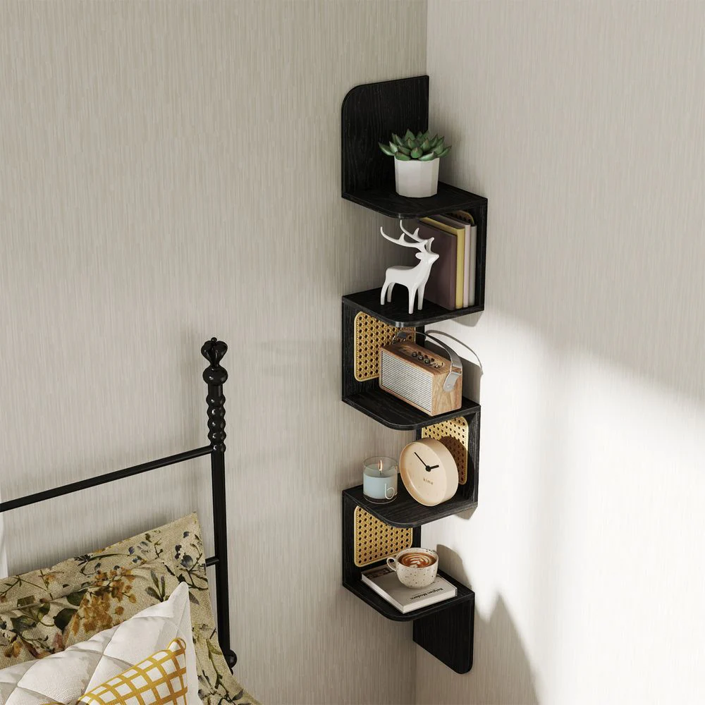 BOHO Wandrek met Rattanlook – Zwevend Zigzag Wandmeubel – 126 cm Hoog – Zwart of Wit – Tot 25 kg Draagvermogen - Image 3