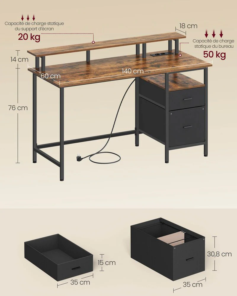 Bureau met Lades - Computertafel met USB en Stopcontact - Image 7