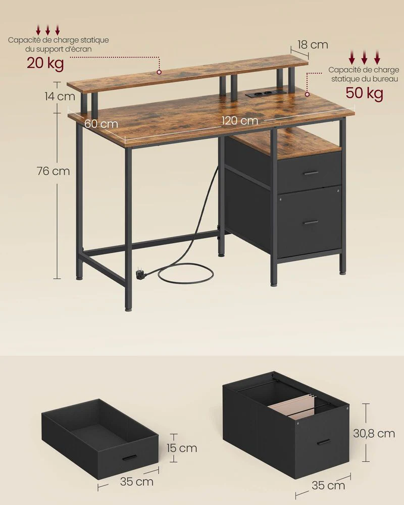 Bureau met Lades - Computertafel met USB en Stopcontact - Image 8