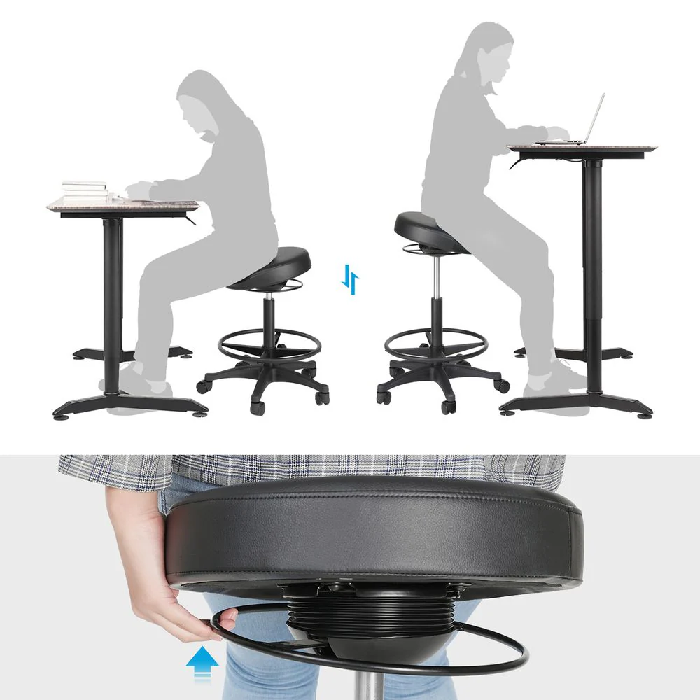Bureaustoelkruk op Wielen – Verstelbaar – 360° Draaibaar – Met Voetsteun – Zwart – Comfortabele Werkkruk tot 110 kg - Image 4