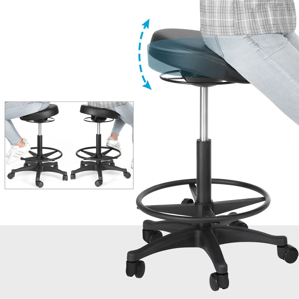 Bureaustoelkruk op Wielen – Verstelbaar – 360° Draaibaar – Met Voetsteun – Zwart – Comfortabele Werkkruk tot 110 kg - Image 5
