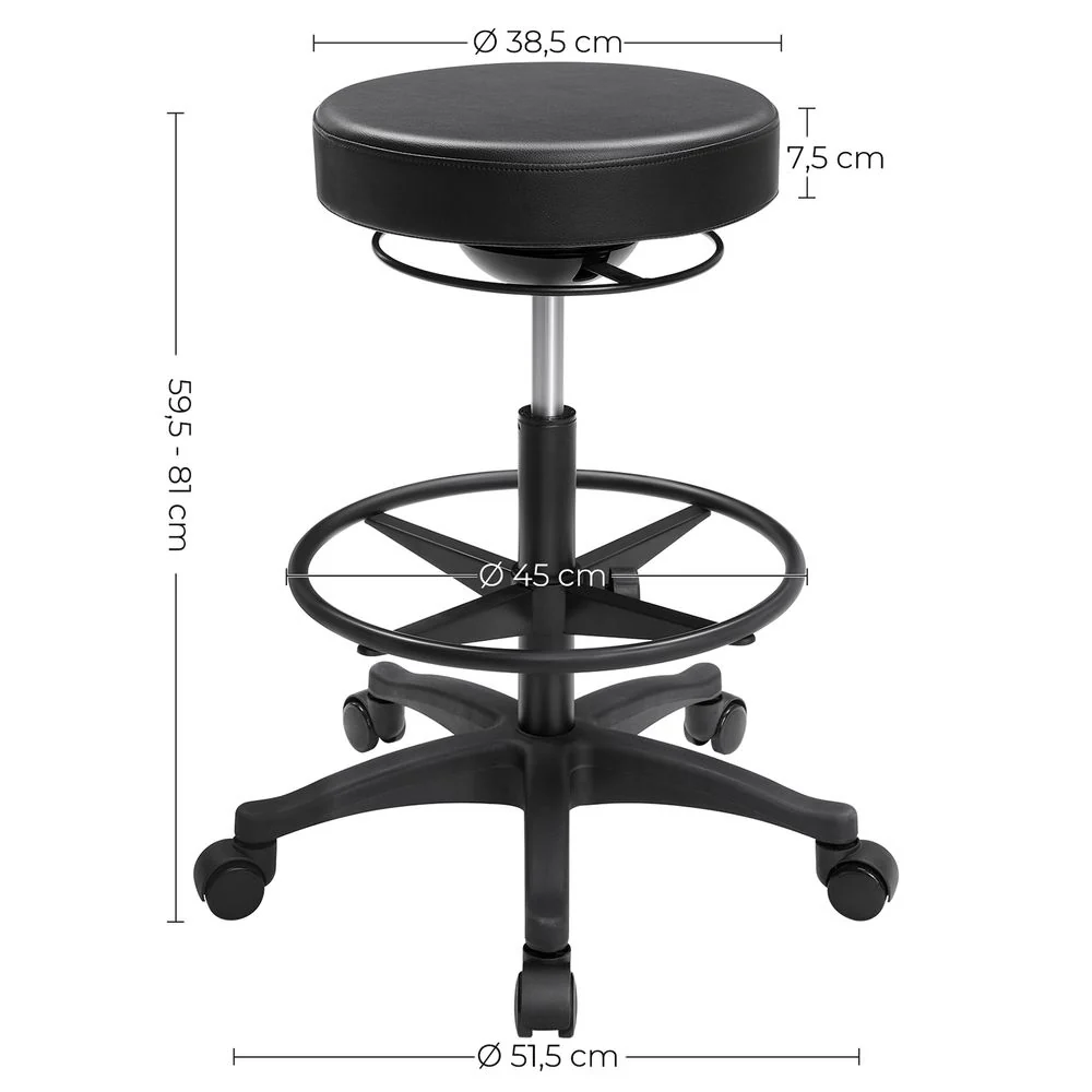 Bureaustoelkruk op Wielen – Verstelbaar – 360° Draaibaar – Met Voetsteun – Zwart – Comfortabele Werkkruk tot 110 kg - Image 6