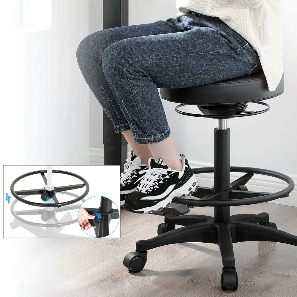 Bureaustoelkruk op Wielen – Verstelbaar – 360° Draaibaar – Met Voetsteun – Zwart – Comfortabele Werkkruk tot 110 kg - Image 7