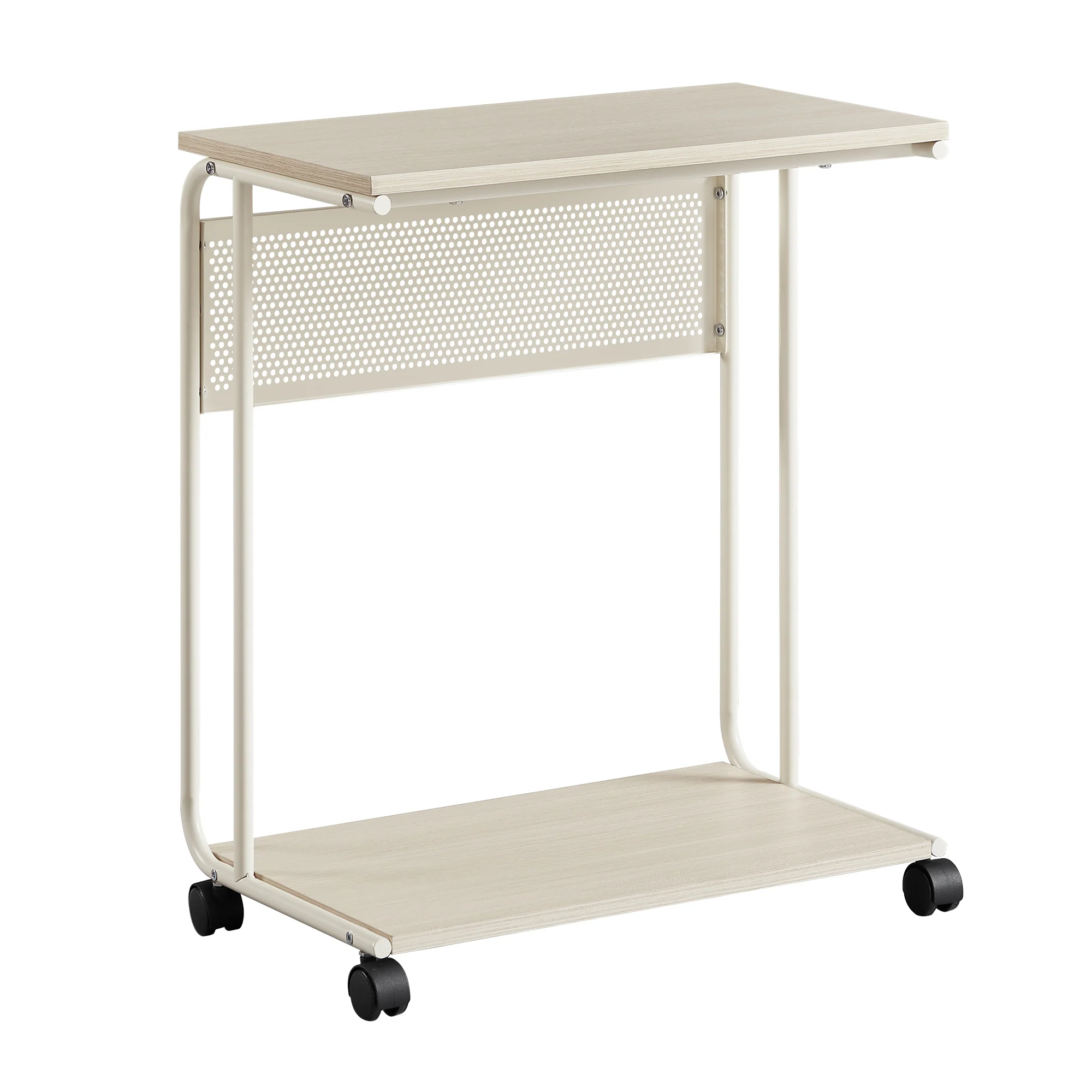 C-vormige Bijzettafel op Wieltjes – 55 x 34 x 66 cm – In Hoogte Inschuifbaar – Met Zijhaakjes – Creme wit - Image 2