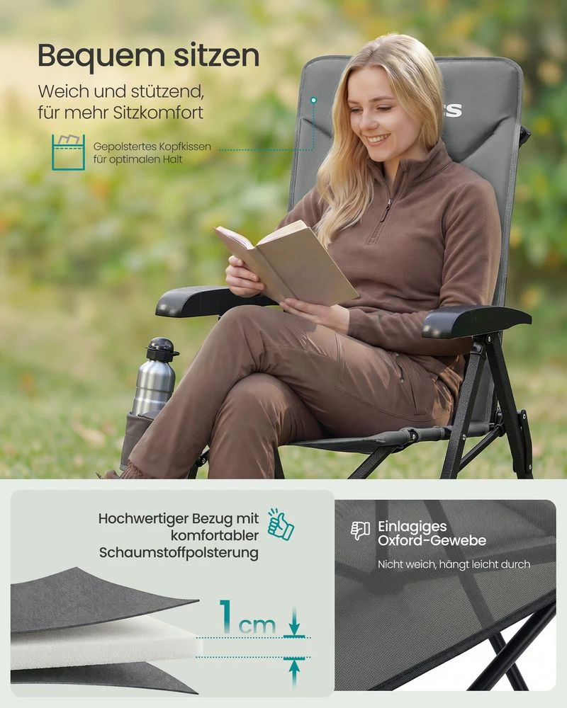 Campingstoel Verstelbaar – Inklapbare Stoel Met Hoge Rugleuning – Met Hoofdsteun En Bekerhouder - Image 5