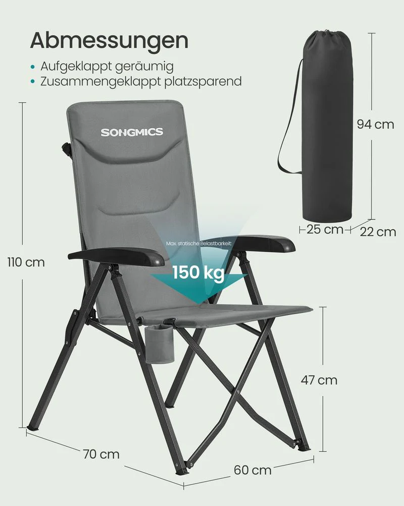 Campingstoel Verstelbaar – Inklapbare Stoel Met Hoge Rugleuning – Met Hoofdsteun En Bekerhouder - Image 8