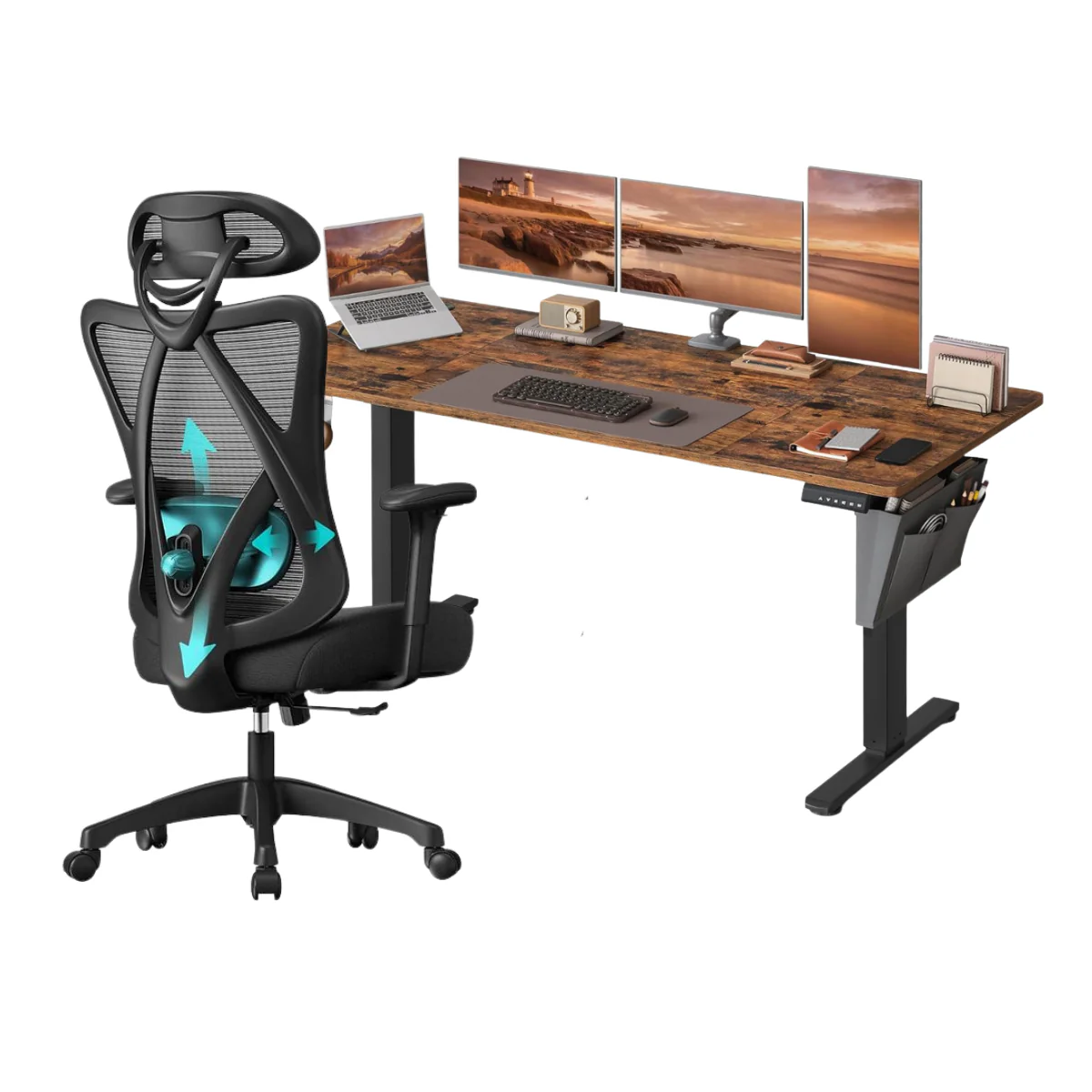 Combi+ Elektrisch Verstelbaar Bureau + Ergonomische Bureaustoel – Complete Werkplekset – 120 x 60 t/m 180 x 80 cm – USB-C Snellader - Image 2