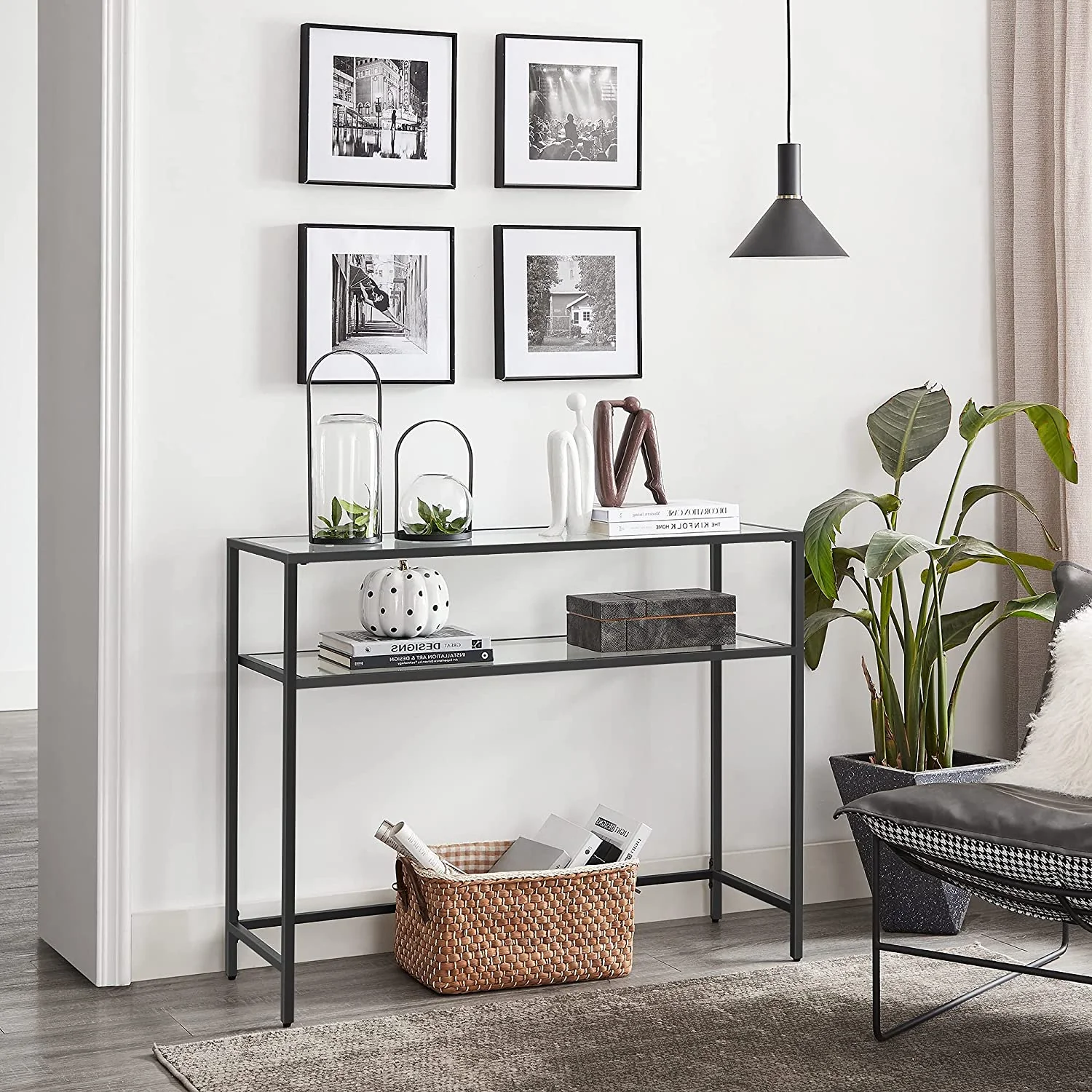 Consoletafel met Glazen Planken – Minimalistisch Design – Zwart Staal en Gehard Glas – 100 cm Breed - Image 4