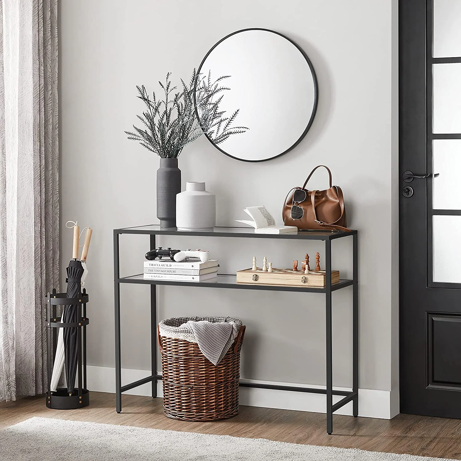 Consoletafel met Glazen Planken – Minimalistisch Design – Zwart Staal en Gehard Glas – 100 cm Breed - Image 5