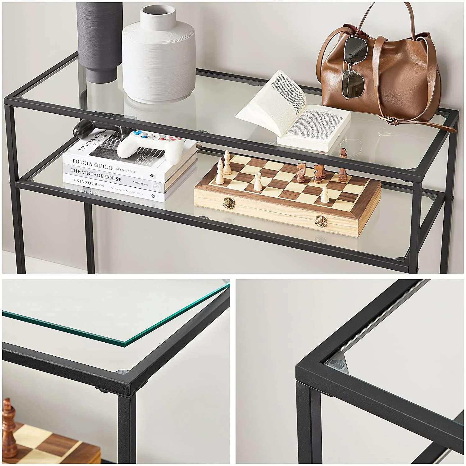Consoletafel met Glazen Planken – Minimalistisch Design – Zwart Staal en Gehard Glas – 100 cm Breed - Image 6