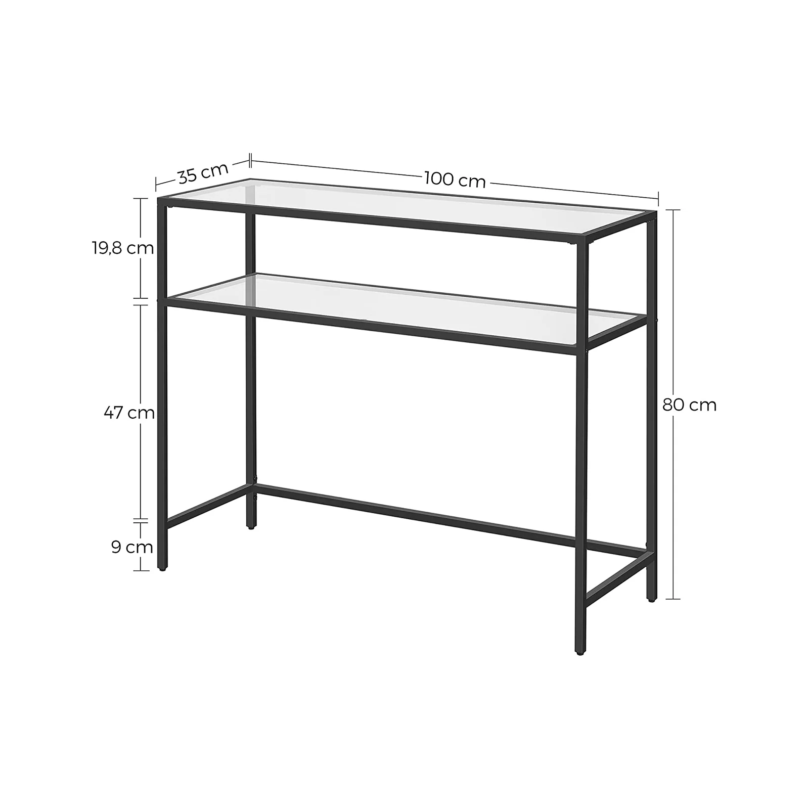 Consoletafel met Glazen Planken – Minimalistisch Design – Zwart Staal en Gehard Glas – 100 cm Breed - Image 7
