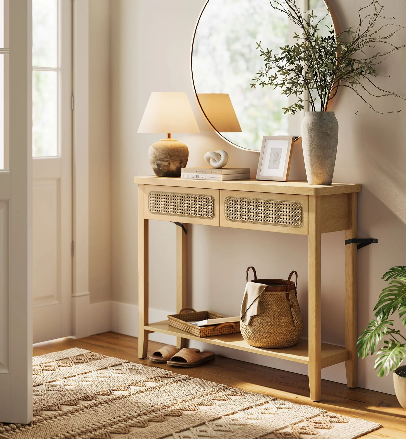 Consoletafel met Lades en Rattan Front – BOHO Wandtafel - Modern Design – 100 cm Breed - Image 4