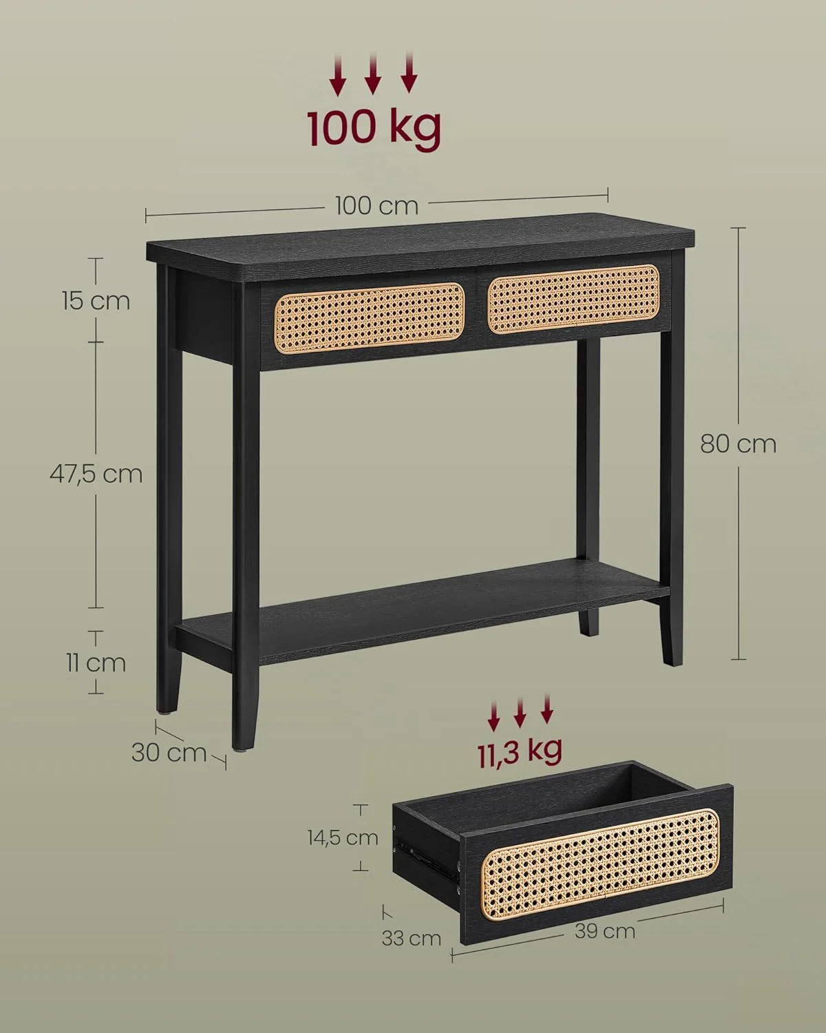 Consoletafel met Lades en Rattan Front – BOHO Wandtafel - Modern Design – 100 cm Breed - Image 5