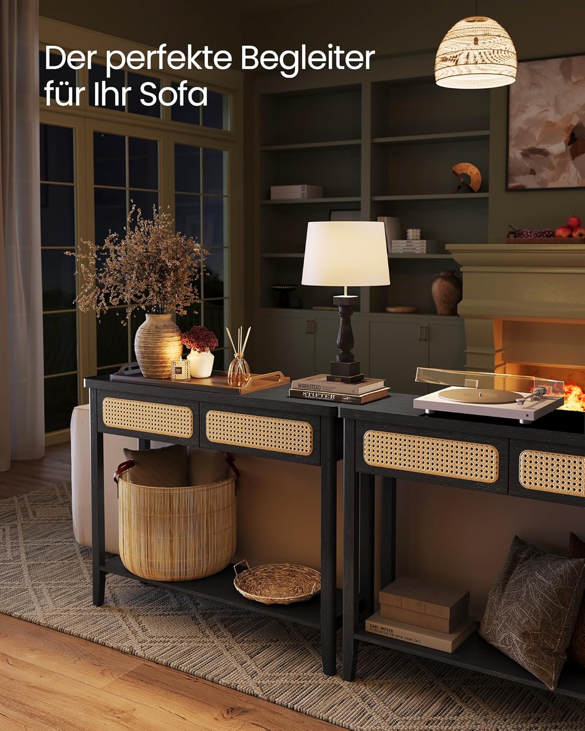 Consoletafel met Lades en Rattan Front – BOHO Wandtafel - Modern Design – 100 cm Breed - Image 6