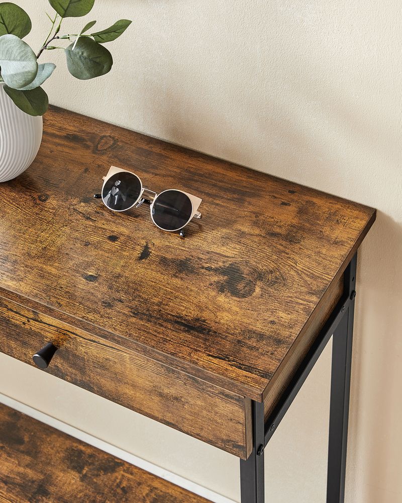 Consoletafel met Lades – Industrieel Design – 100 cm Breed – Vintage Bruin en Zwart Staal - Image 7