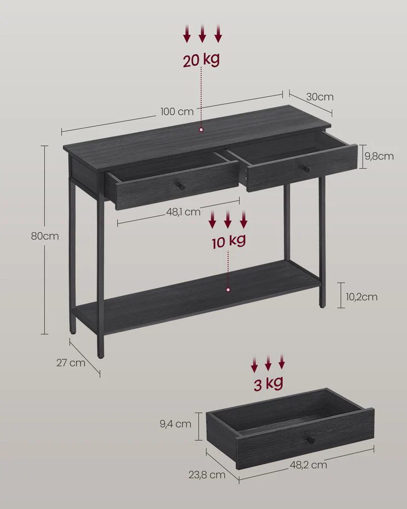 Consoletafel met Lades – Industrieel Design – 100 cm Breed – Vintage Bruin en Zwart Staal - Image 8