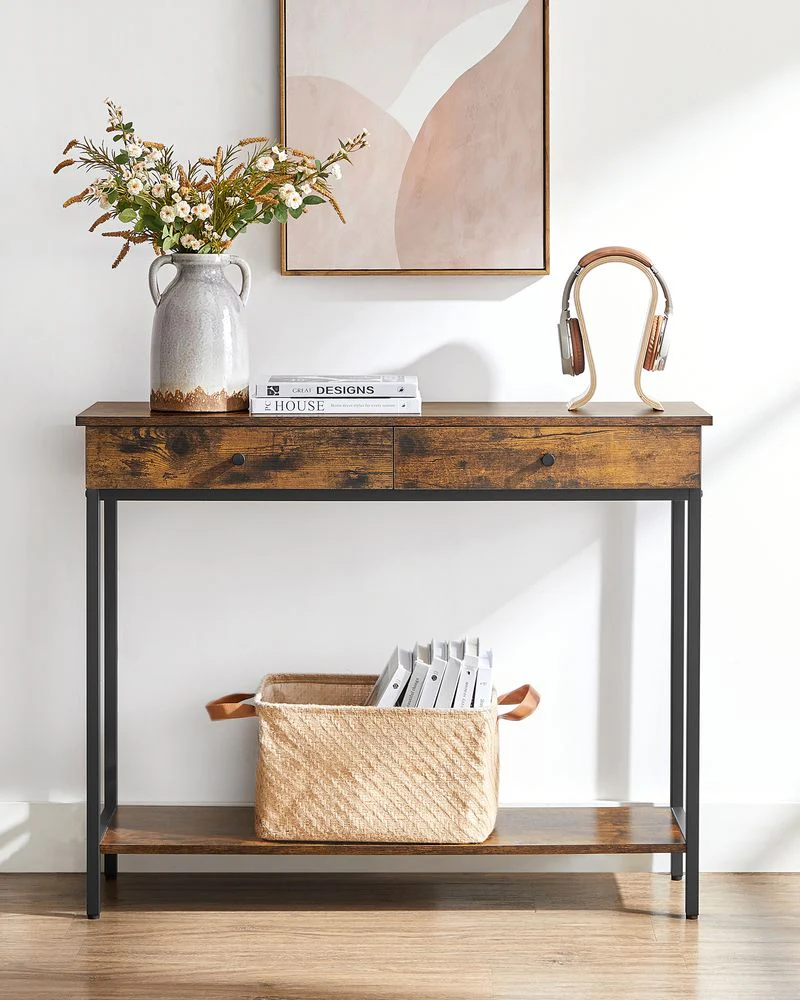 Consoletafel met Lades – Industrieel Design – 100 cm Breed – Vintage Bruin en Zwart Staal - Image 9
