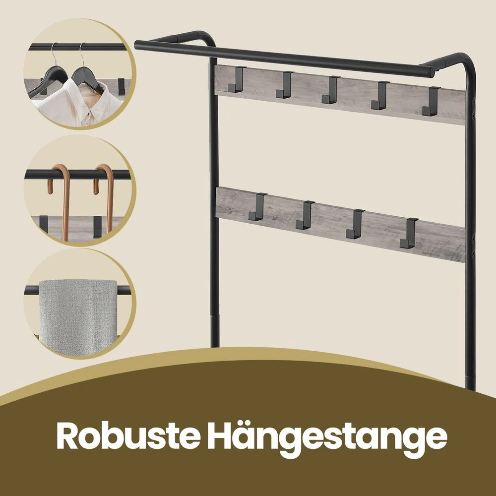 4-in-1 Garderoberek met Kapstok, Kledingstang, Zitbank en Schoenenrek – Industriële Stijl, Stevig Staal en Hout - Image 10