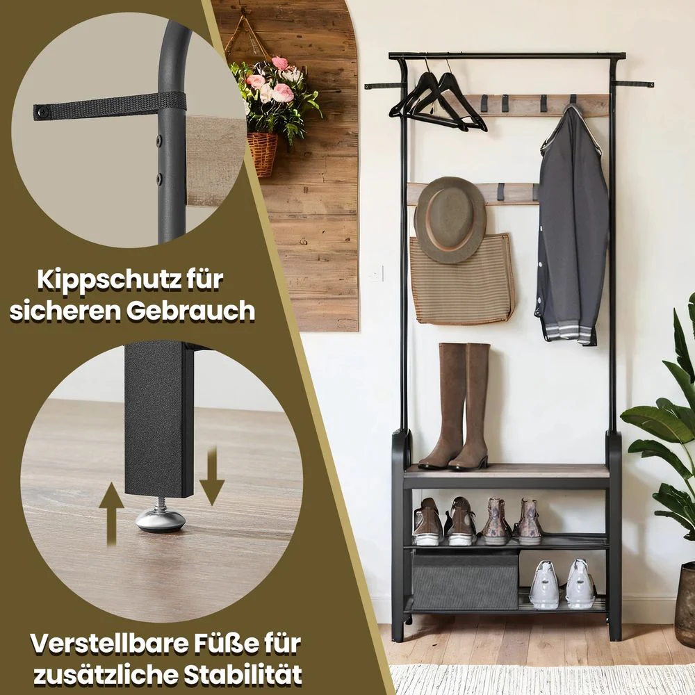 4-in-1 Garderoberek met Kapstok, Kledingstang, Zitbank en Schoenenrek – Industriële Stijl, Stevig Staal en Hout - Image 11