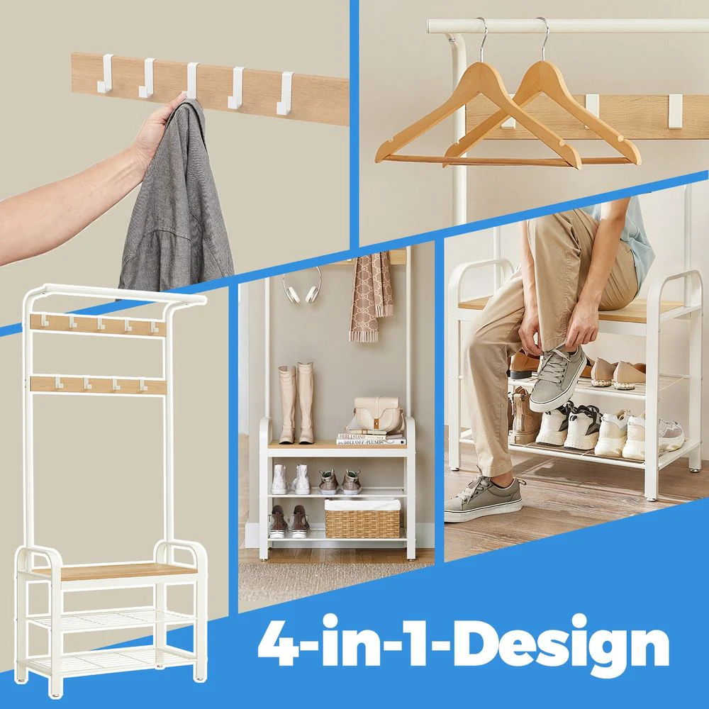 4-in-1 Garderoberek met Kapstok, Kledingstang, Zitbank en Schoenenrek – Industriële Stijl, Stevig Staal en Hout - Image 13