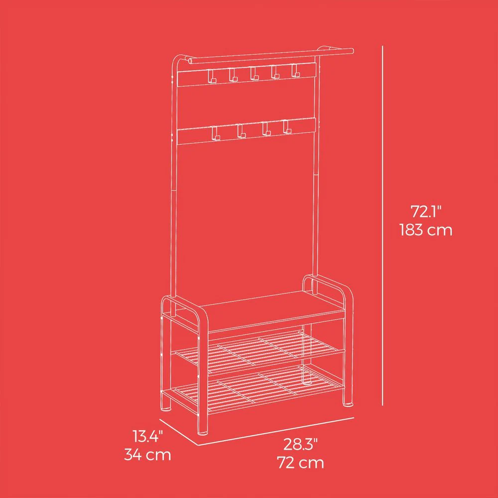 4-in-1 Garderoberek met Kapstok, Kledingstang, Zitbank en Schoenenrek – Industriële Stijl, Stevig Staal en Hout - Image 16