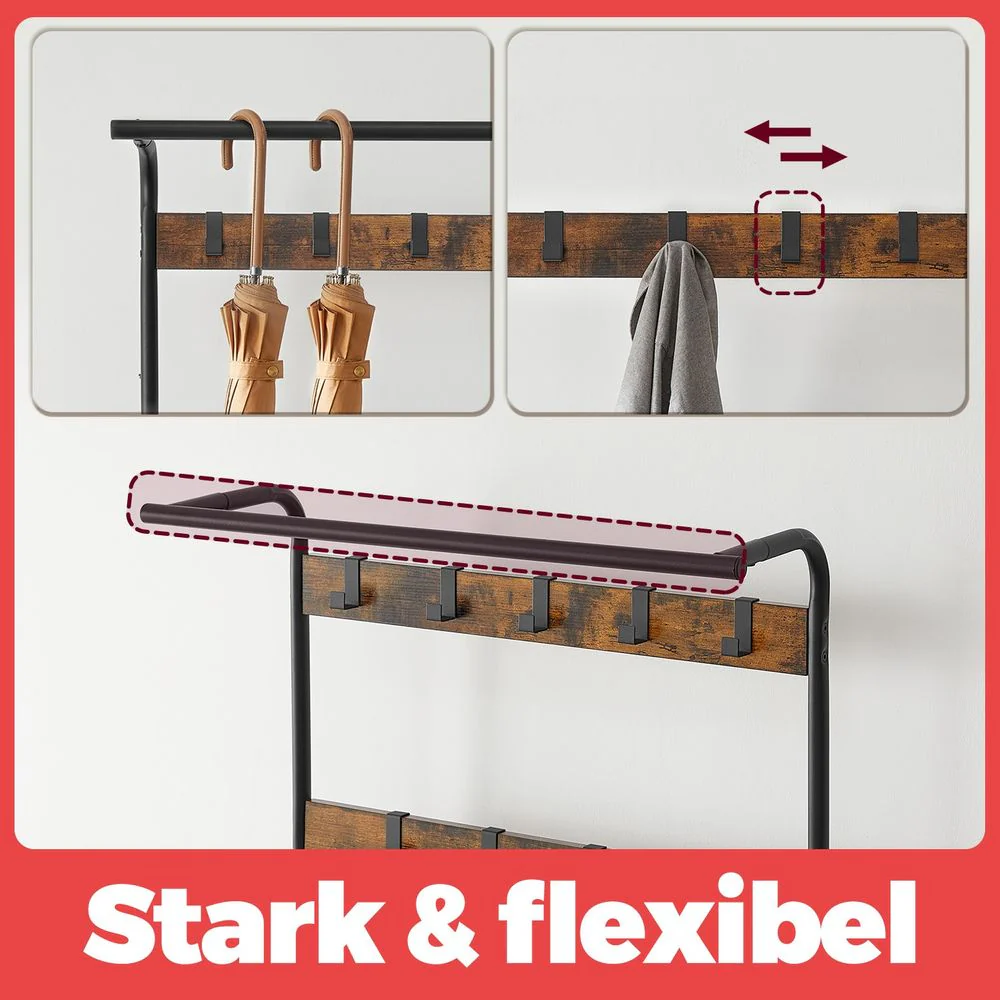 4-in-1 Garderoberek met Kapstok, Kledingstang, Zitbank en Schoenenrek – Industriële Stijl, Stevig Staal en Hout - Image 17
