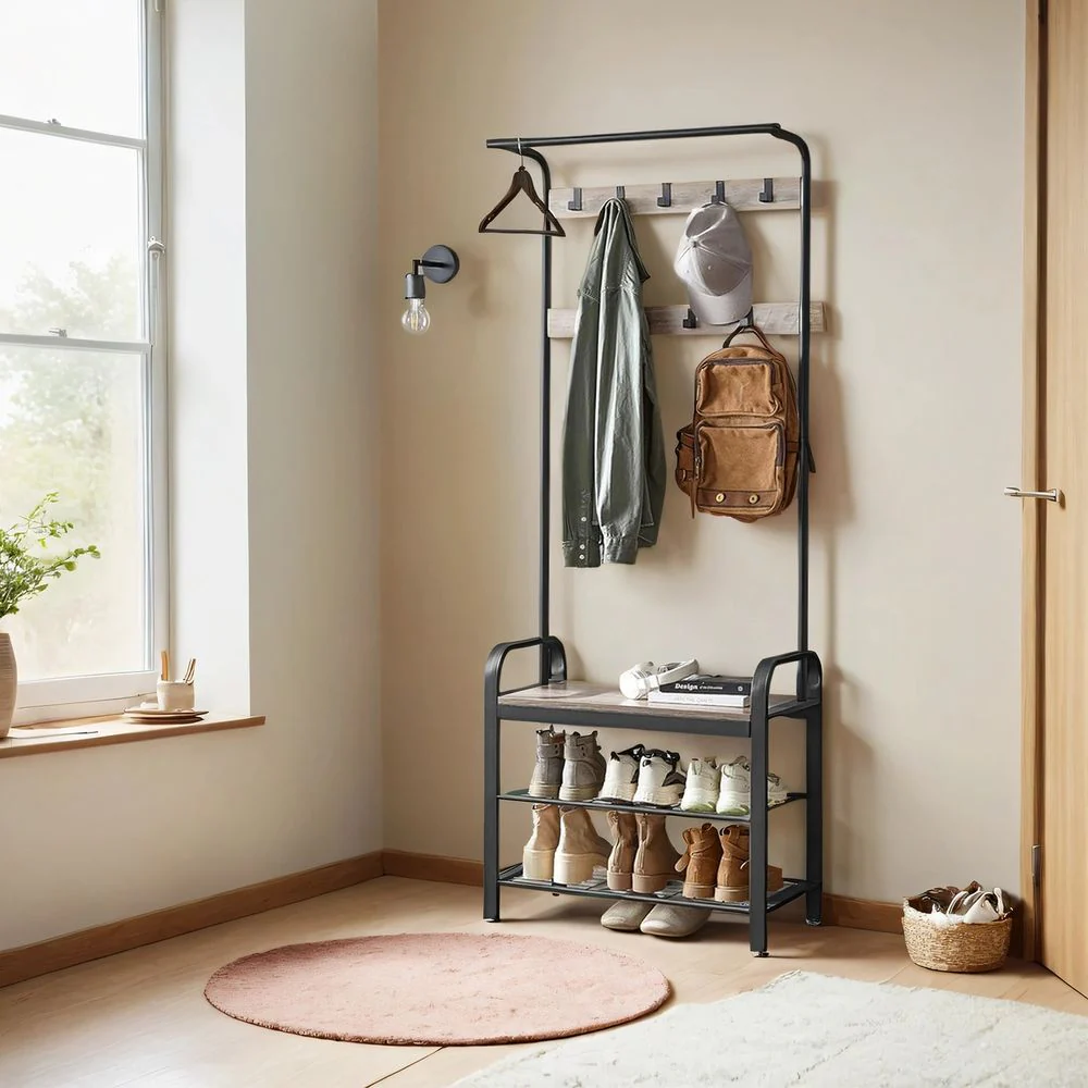 4-in-1 Garderoberek met Kapstok, Kledingstang, Zitbank en Schoenenrek – Industriële Stijl, Stevig Staal en Hout - Image 3