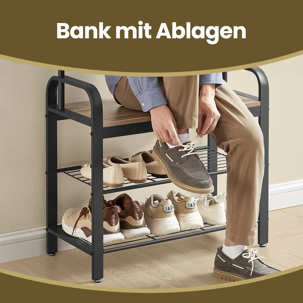 4-in-1 Garderoberek met Kapstok, Kledingstang, Zitbank en Schoenenrek – Industriële Stijl, Stevig Staal en Hout - Image 6