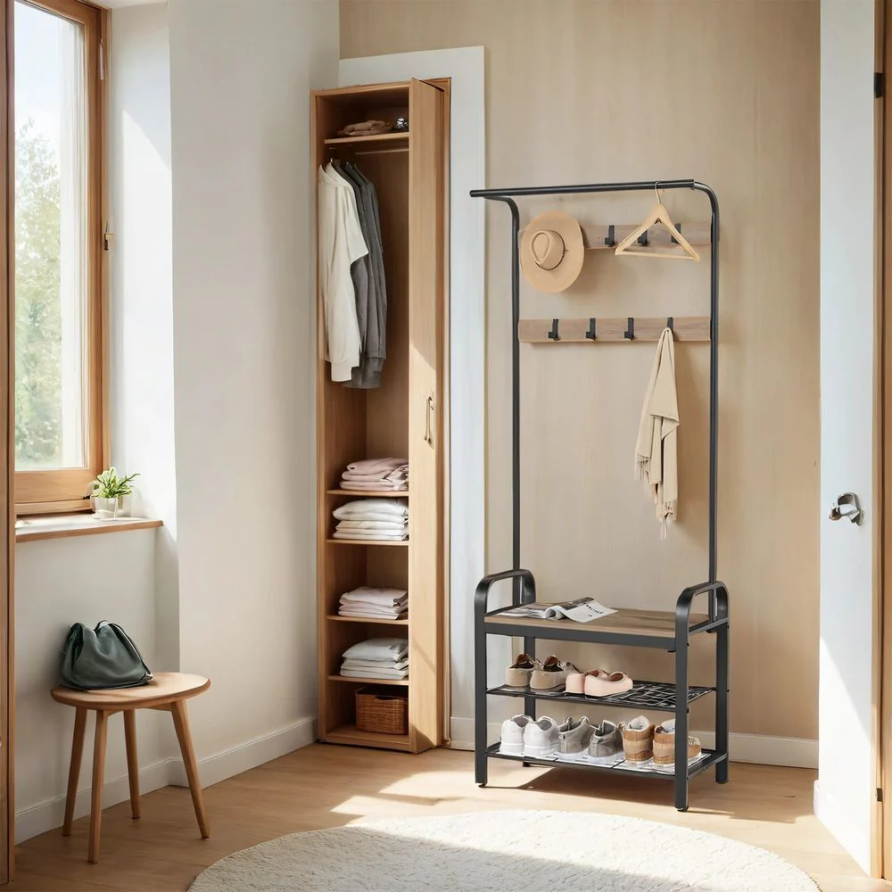 4-in-1 Garderoberek met Kapstok, Kledingstang, Zitbank en Schoenenrek – Industriële Stijl, Stevig Staal en Hout - Image 7